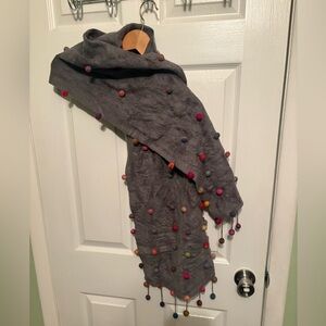Gray Scarf with Multicolor Pom Poms